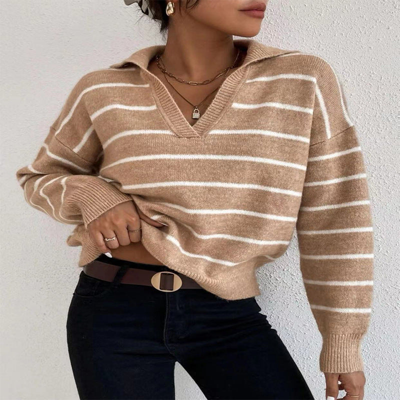 Spring Knitted Tops Versatile Polo Neck Striped Shirt