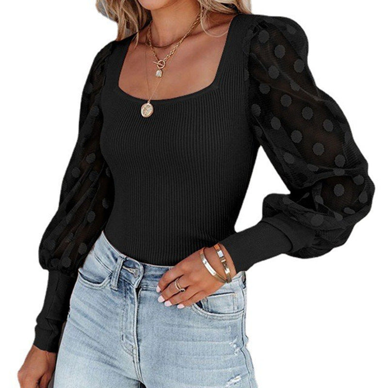 Square Neck Mesh Polka Dot Patchwork Pit Strip Long Sleeve