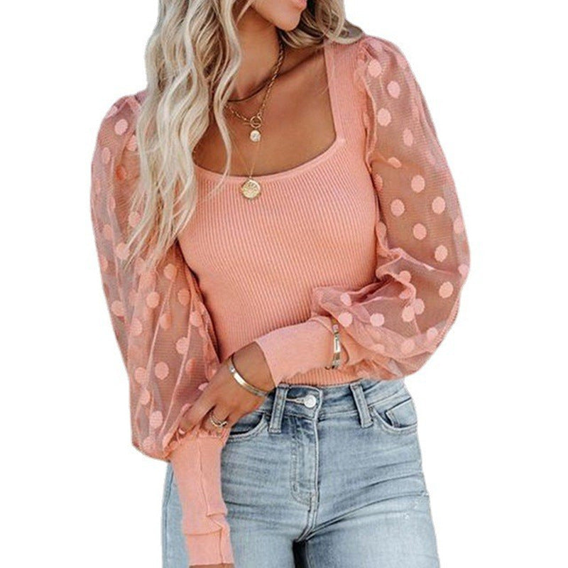 Square Neck Mesh Polka Dot Patchwork Pit Strip Long Sleeve