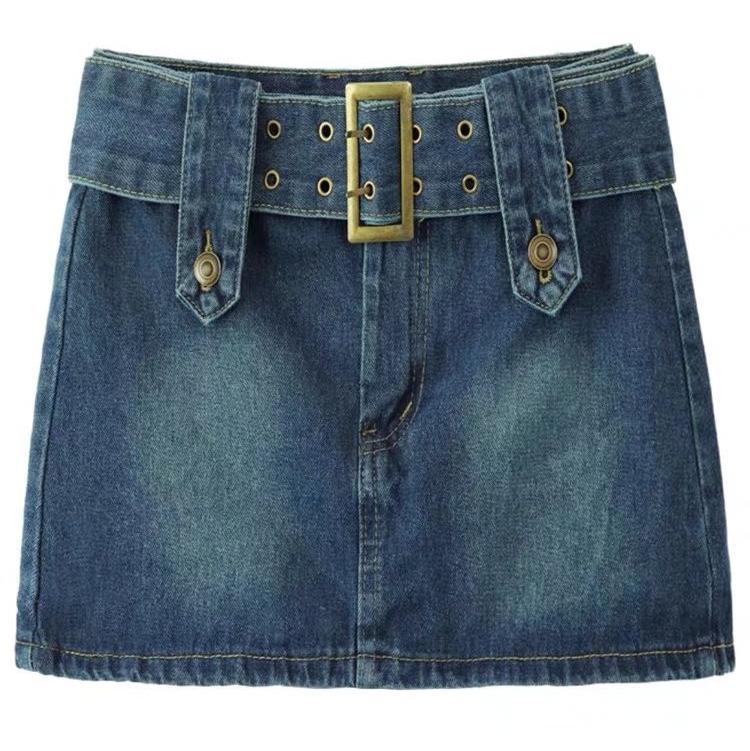 Vintage High Waist Belt Denim Skirt