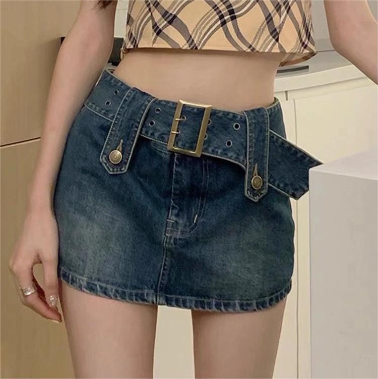 Vintage High Waist Belt Denim Skirt