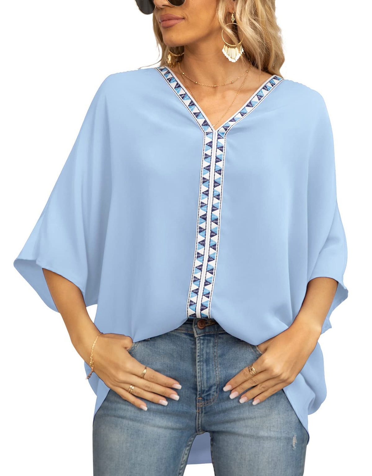 Summer New Women's Bat Sleeve V-neck T-shirt