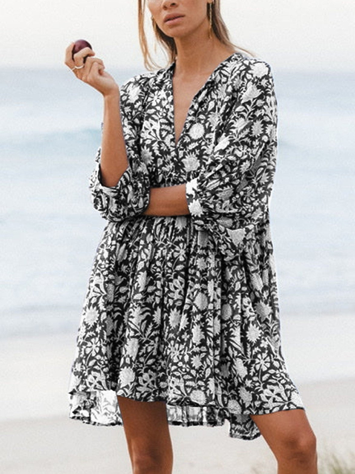 Women's Floral Print V Neck Half Sleeve Dress