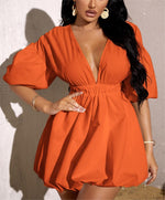 Women's Deep V-Neck Puffy Sleeve Elasticated High Waist Flared Dress