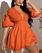 Women's Deep V-Neck Puffy Sleeve Elasticated High Waist Flared Dress