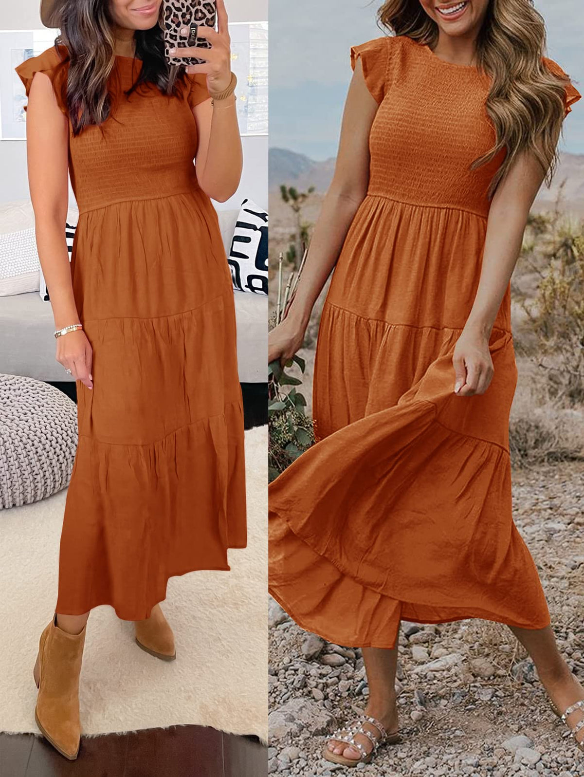 Women's Summer Casual Flutter Short Sleeve SmockedMidi Dress