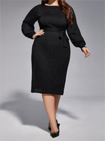 Plus Black Solid Tie Lantern Sleeves Knit Dress