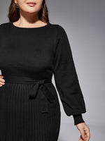 Plus Black Solid Tie Lantern Sleeves Knit Dress