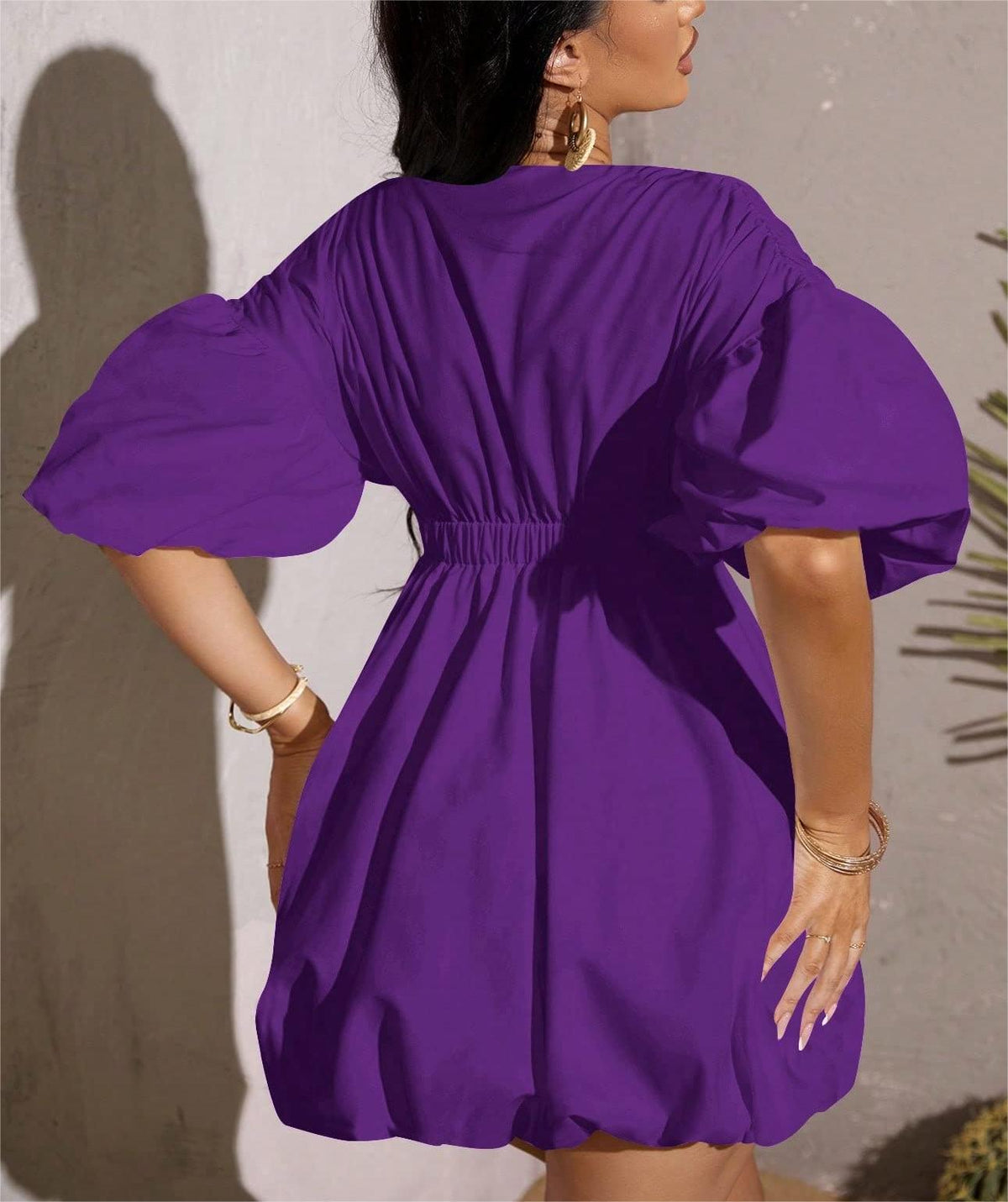 Women's Deep V-Neck Puffy Sleeve Elasticated High Waist Flared Dress