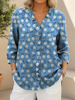 Women's Cute Little Flower Print Casual Ruffled Denim Shirt