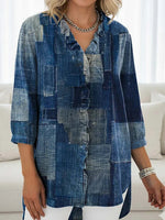 Women's Vintage Patchwork Print Casual Ruffled Denim Shirt