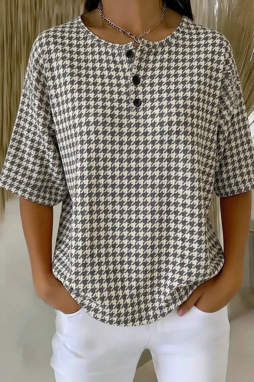 Womens Gray Houndstooth Button Detail Waffle Knit Short Sleeve Top