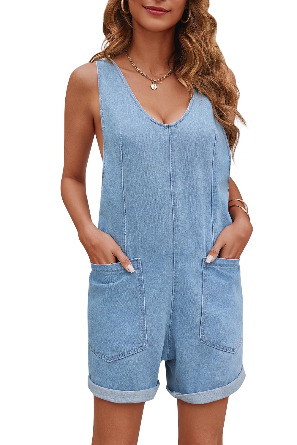 Women's Casual Adjustable Denim Romper with Pockets