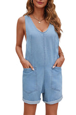 Women's Casual Adjustable Denim Romper with Pockets