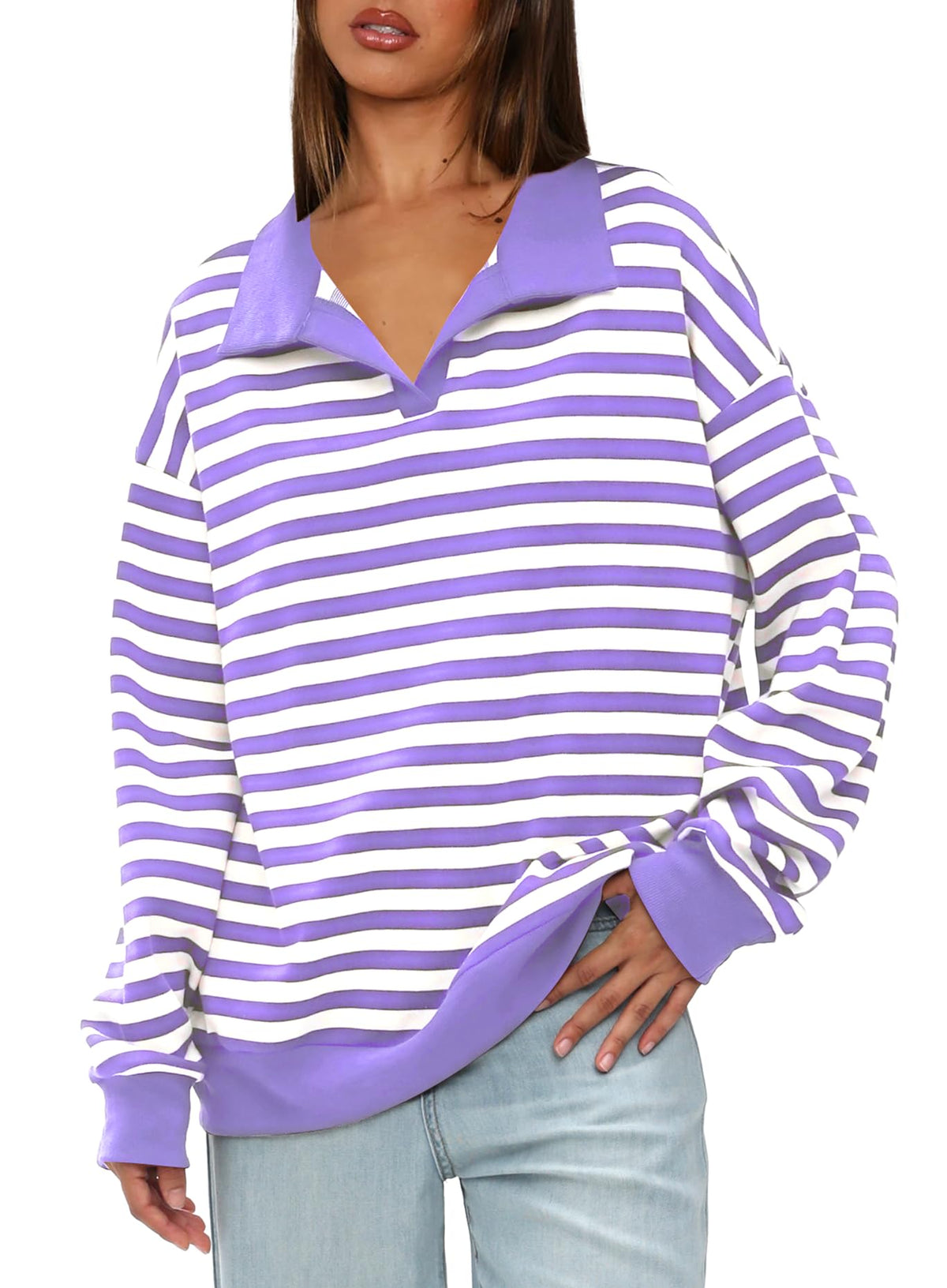Women's Oversized Contrast Long Sleeve Striped Sweatshirts