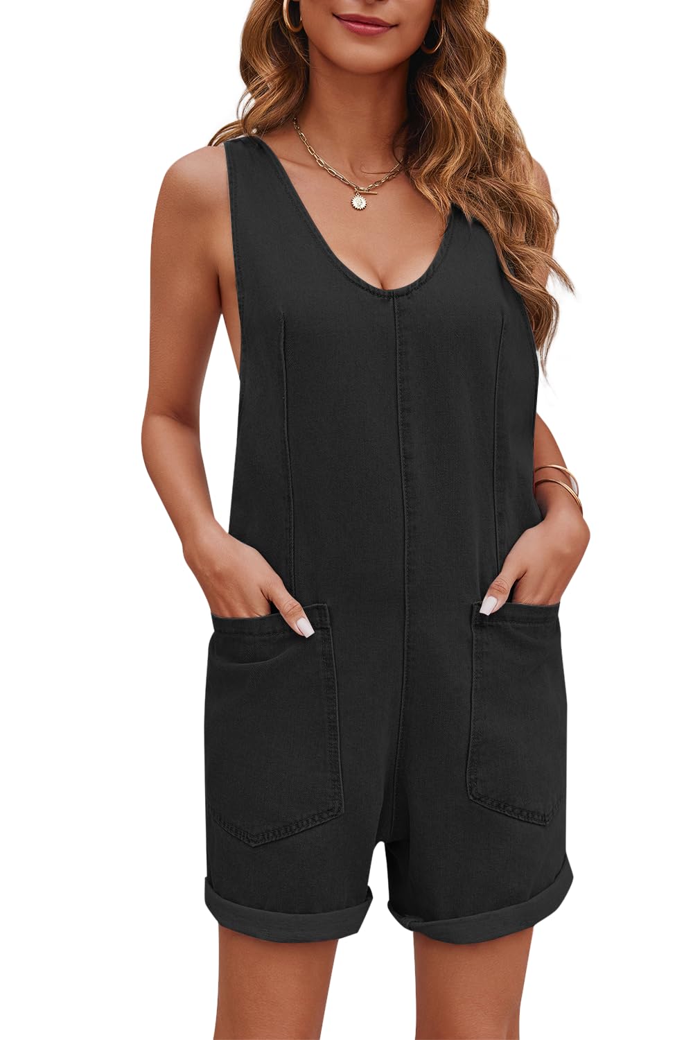 Women's Casual Adjustable Denim Romper with Pockets