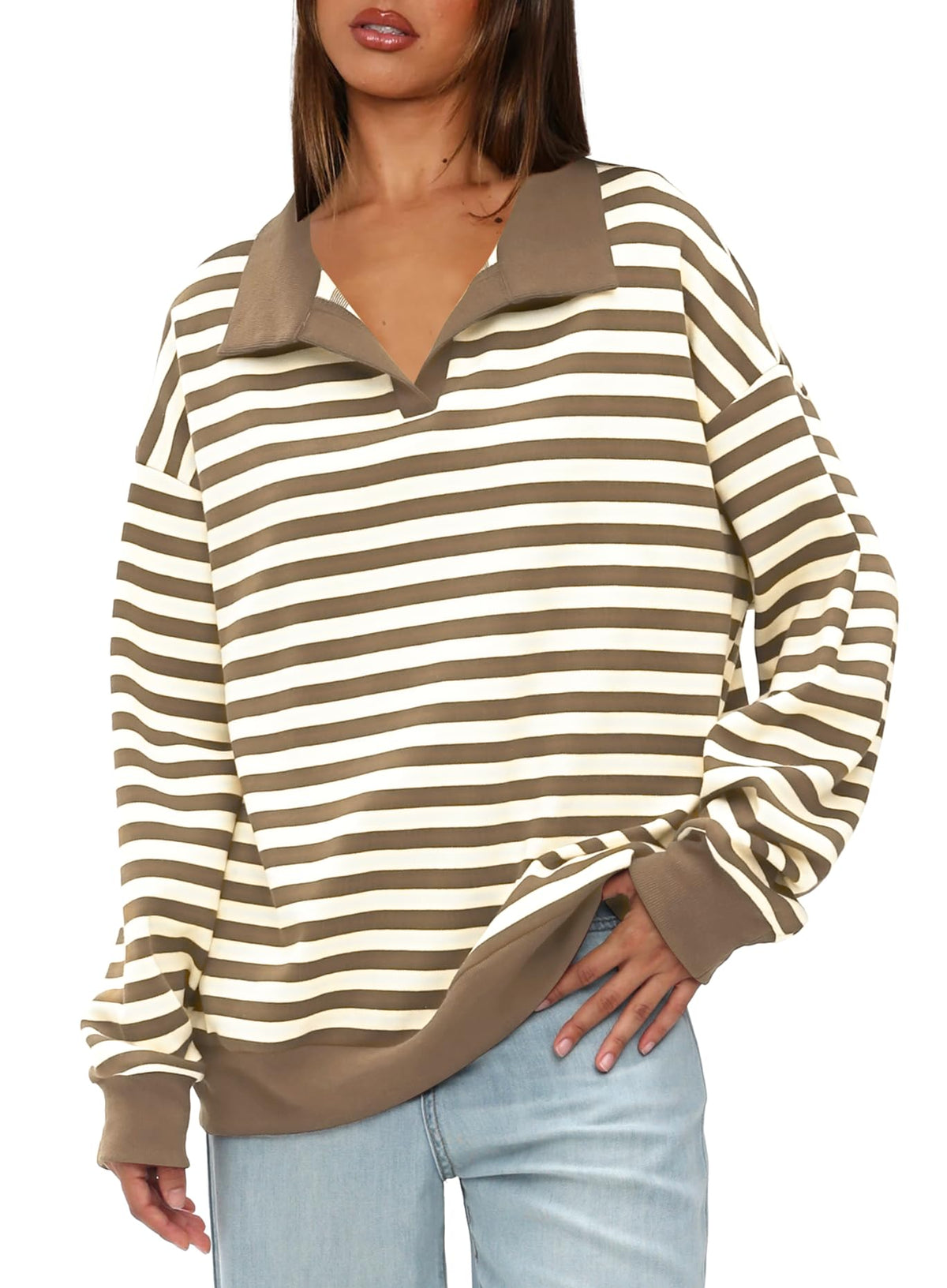 Women's Oversized Contrast Long Sleeve Striped Sweatshirts