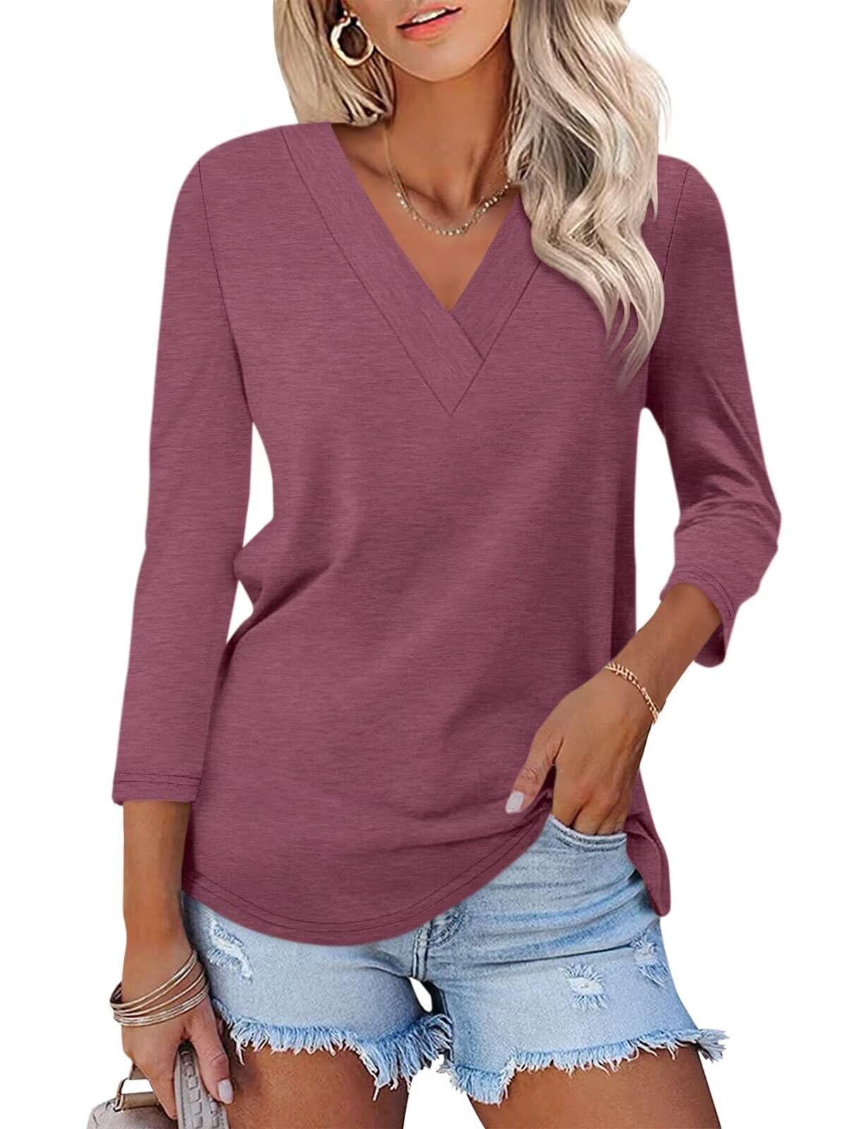 Women's 3/4 Length Sleeves V Neck Basic Tops