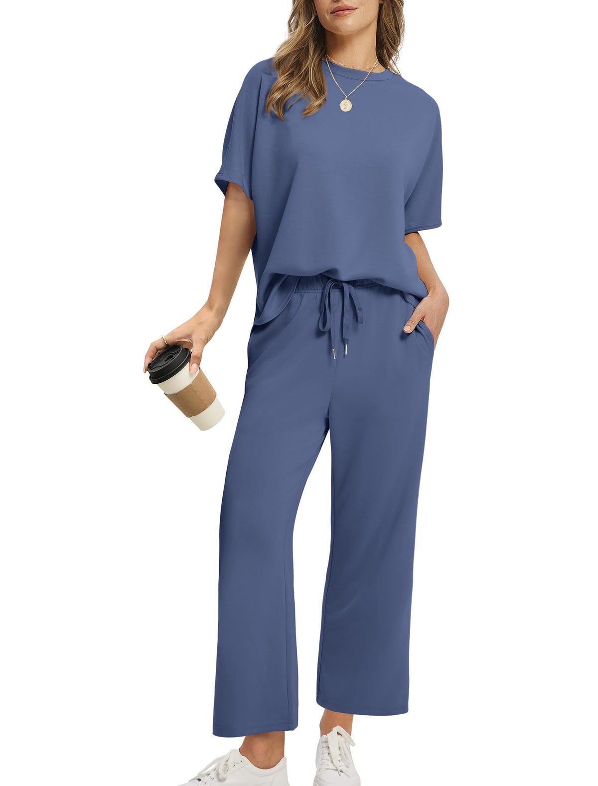 Women Oversized T-shirt and Wide Leg Crop Pants 2 Piece Sets