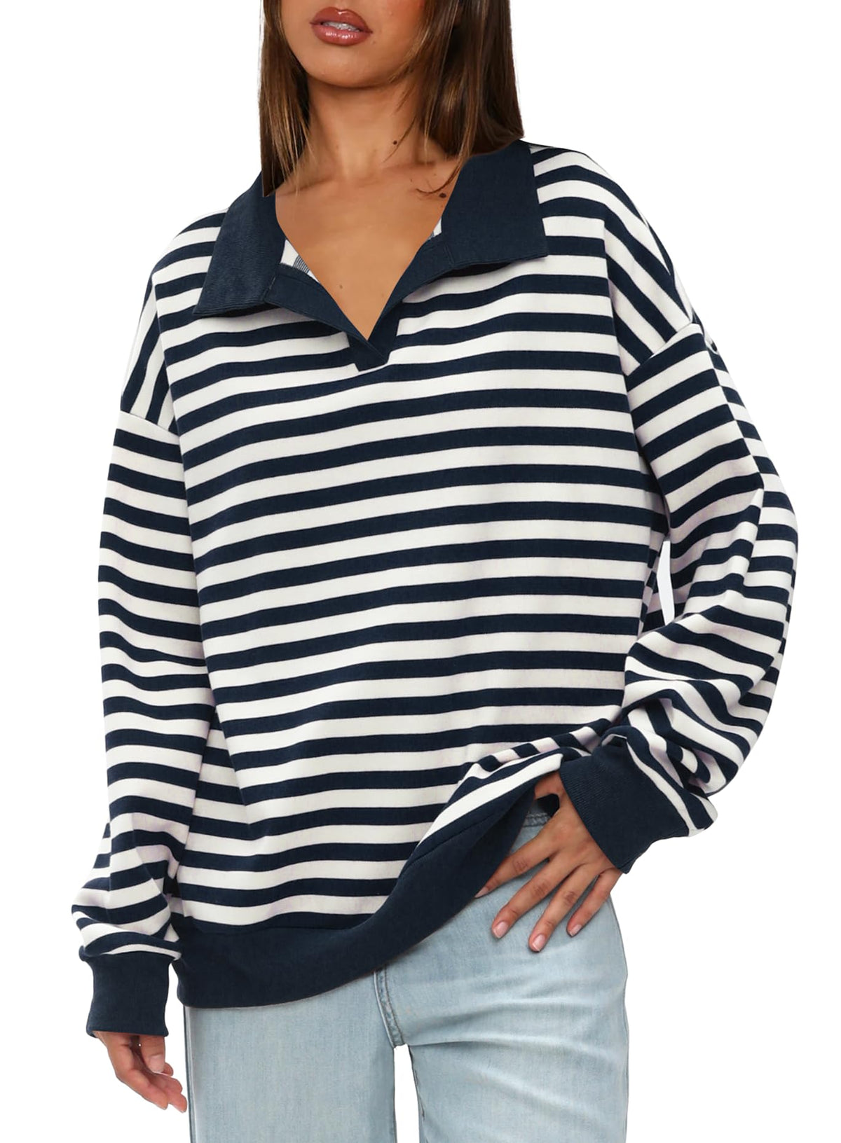 Women's Oversized Contrast Long Sleeve Striped Sweatshirts