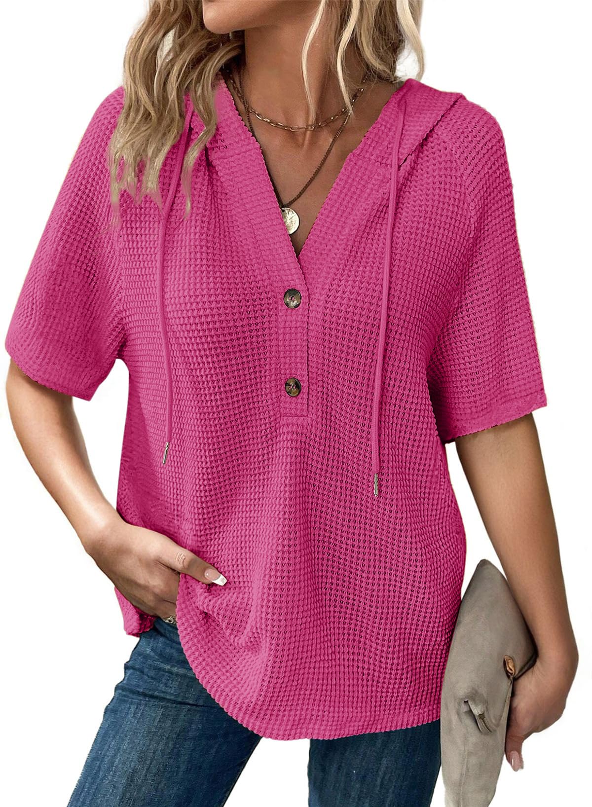 Women's Waffle Knit Button V Neck Short Sleeve Hoodie