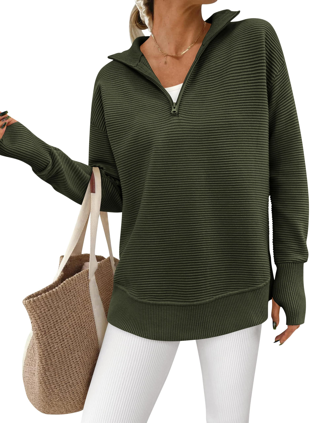 Women's Half Zip Oversized Ribbed Knit Pullover Sweater (Buy2 Free Shipping )