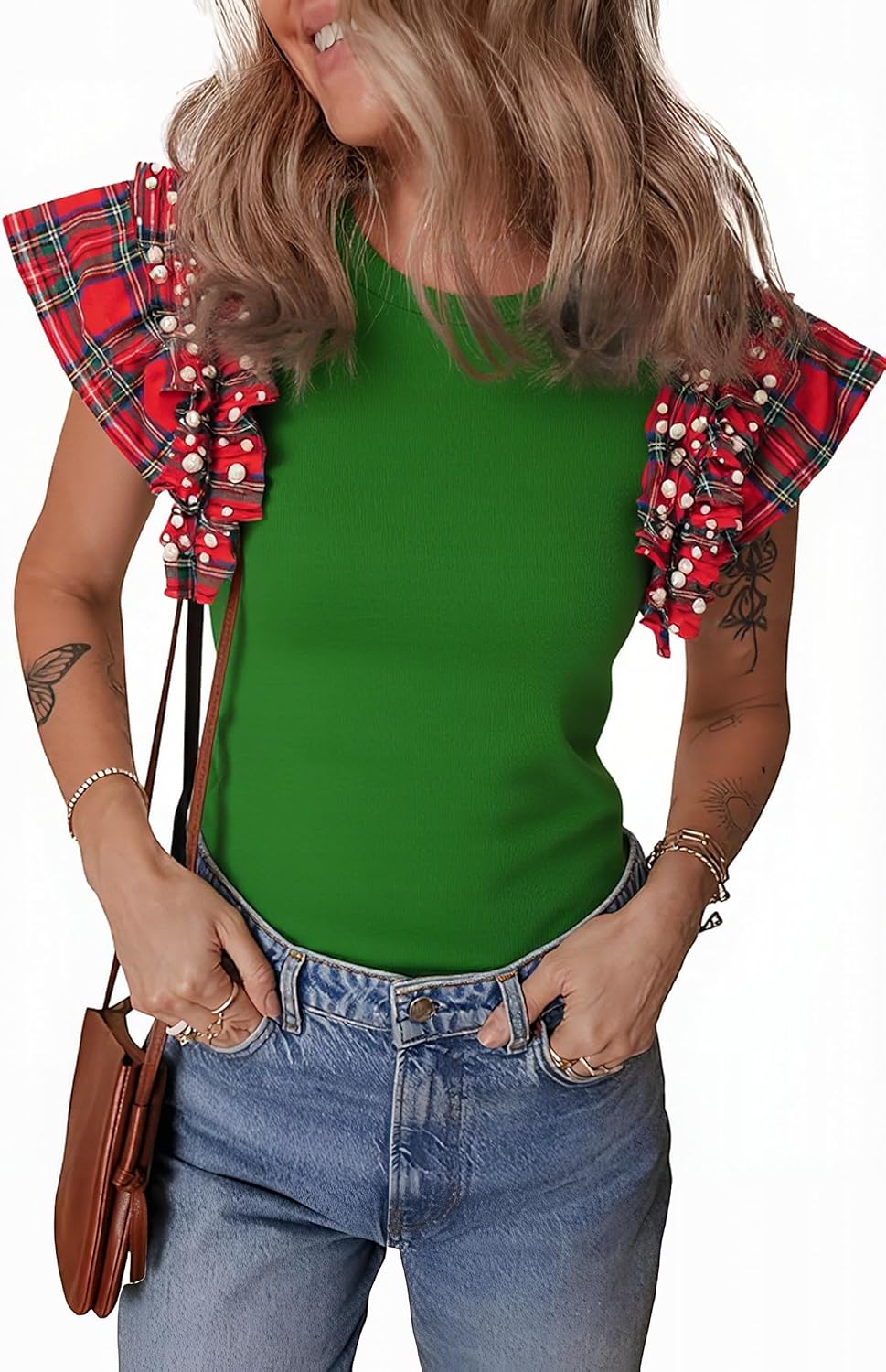 Women'sPlaid Ruffle Short Sleeve Pearl Tops
