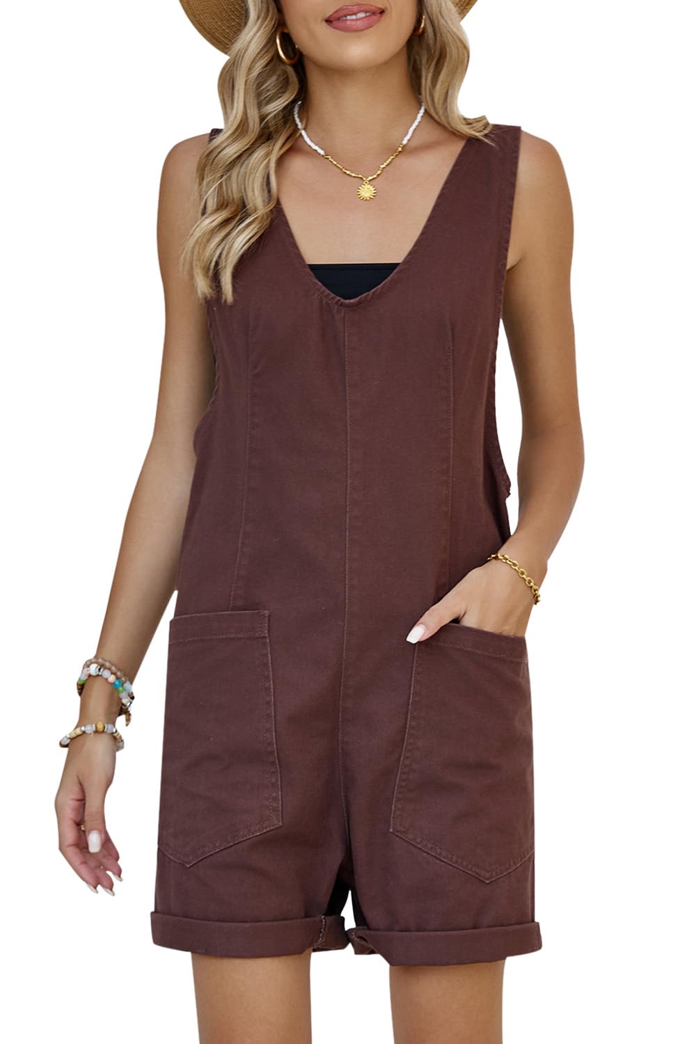 Women's Casual Adjustable Denim Romper with Pockets