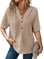Women's Waffle Knit Button V Neck Short Sleeve Hoodie