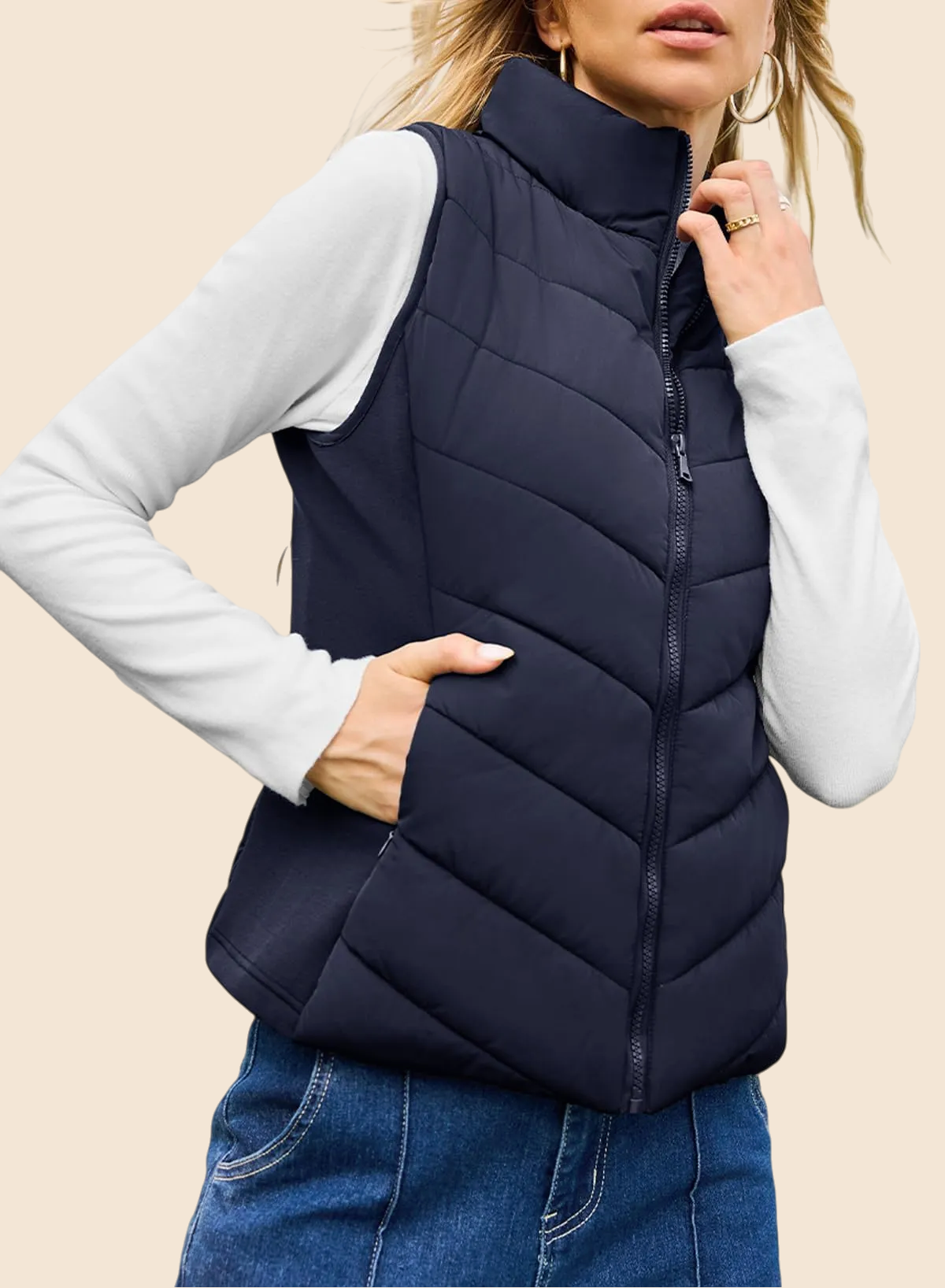 Women's Sleeveless Zip Up Stand Collar Quilted Puffer Vest