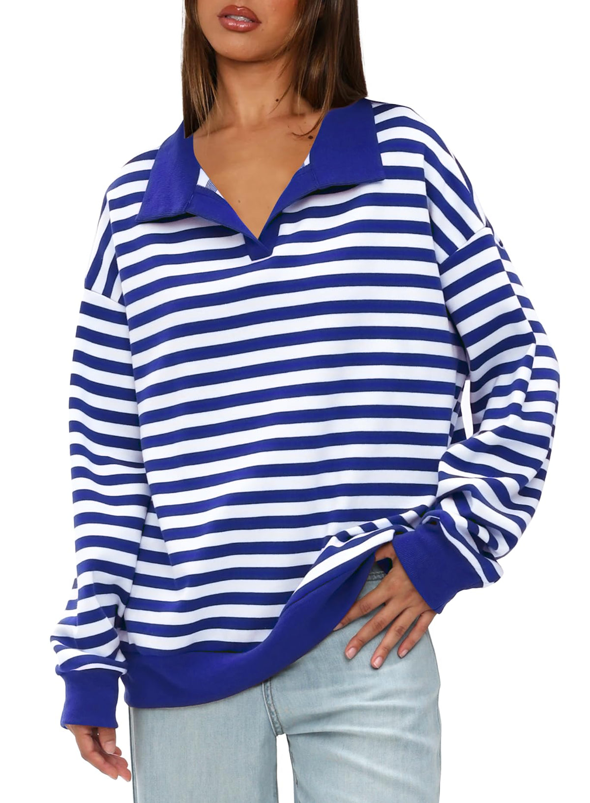 Women's Oversized Contrast Long Sleeve Striped Sweatshirts