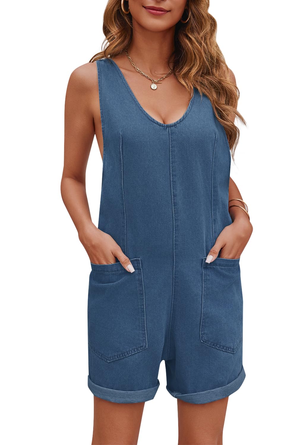 Women's Casual Adjustable Denim Romper with Pockets