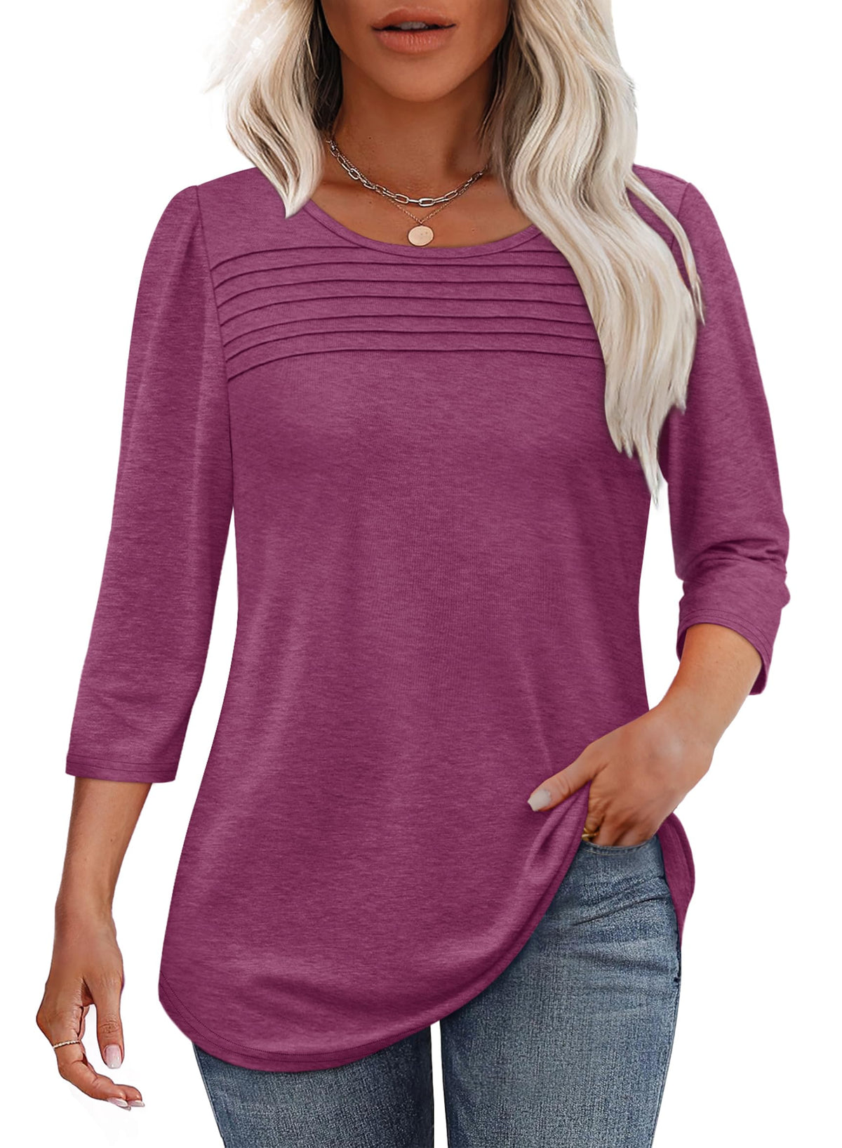 Hot Sale - 3/4 Length Sleeve Top Pleated Front T-Shirt