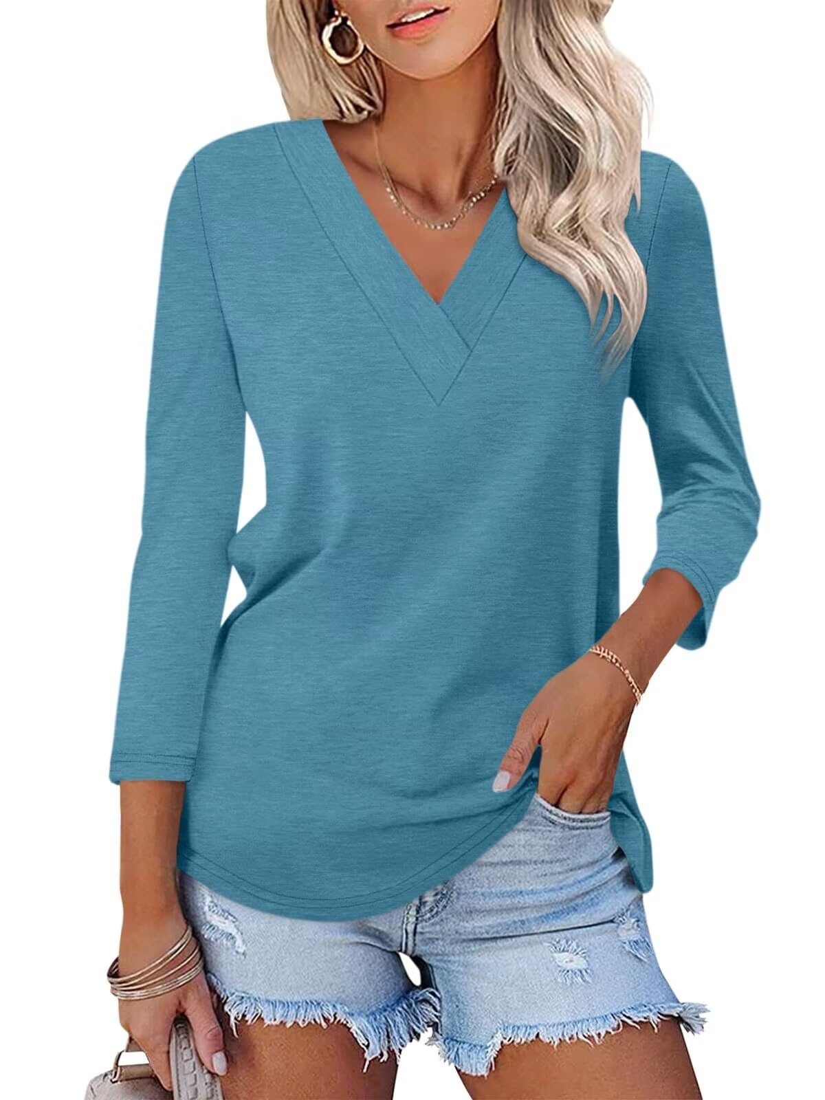 Hot Sale - Women's 3/4 Length Sleeves V Neck Basic Tops