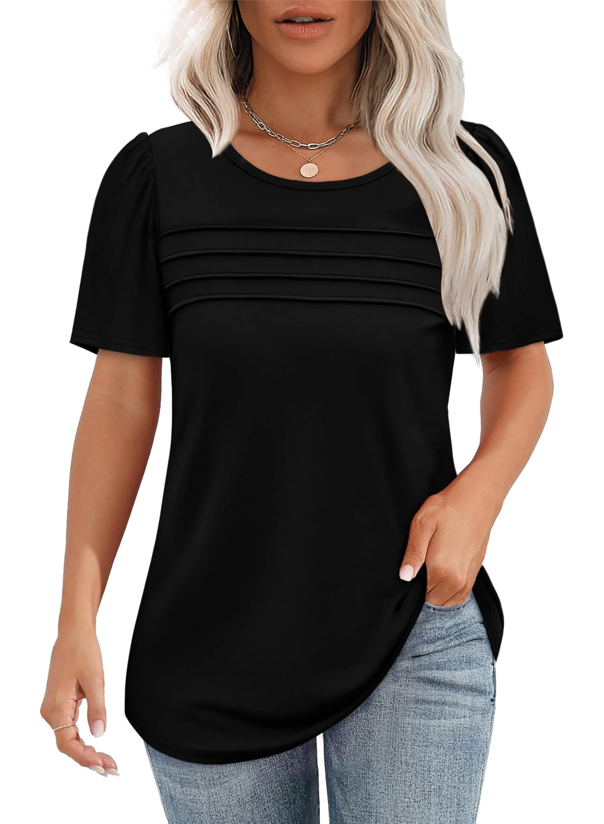 Women's Short Sleeve Pleated Front Scooped Neck T-shirts