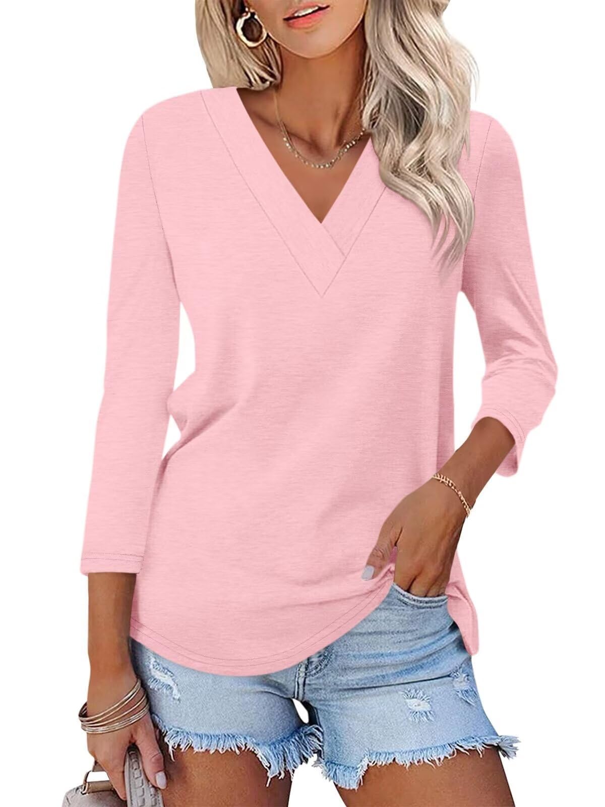 Hot Sale - Women's 3/4 Length Sleeves V Neck Basic Tops