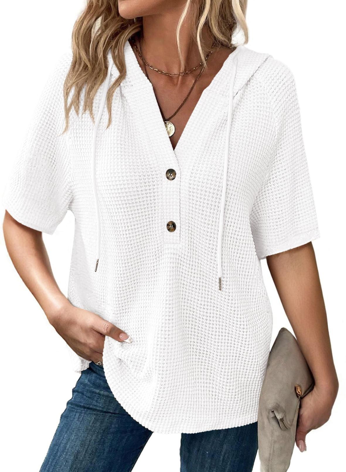 Women's Waffle Knit Button V Neck Short Sleeve Hoodie
