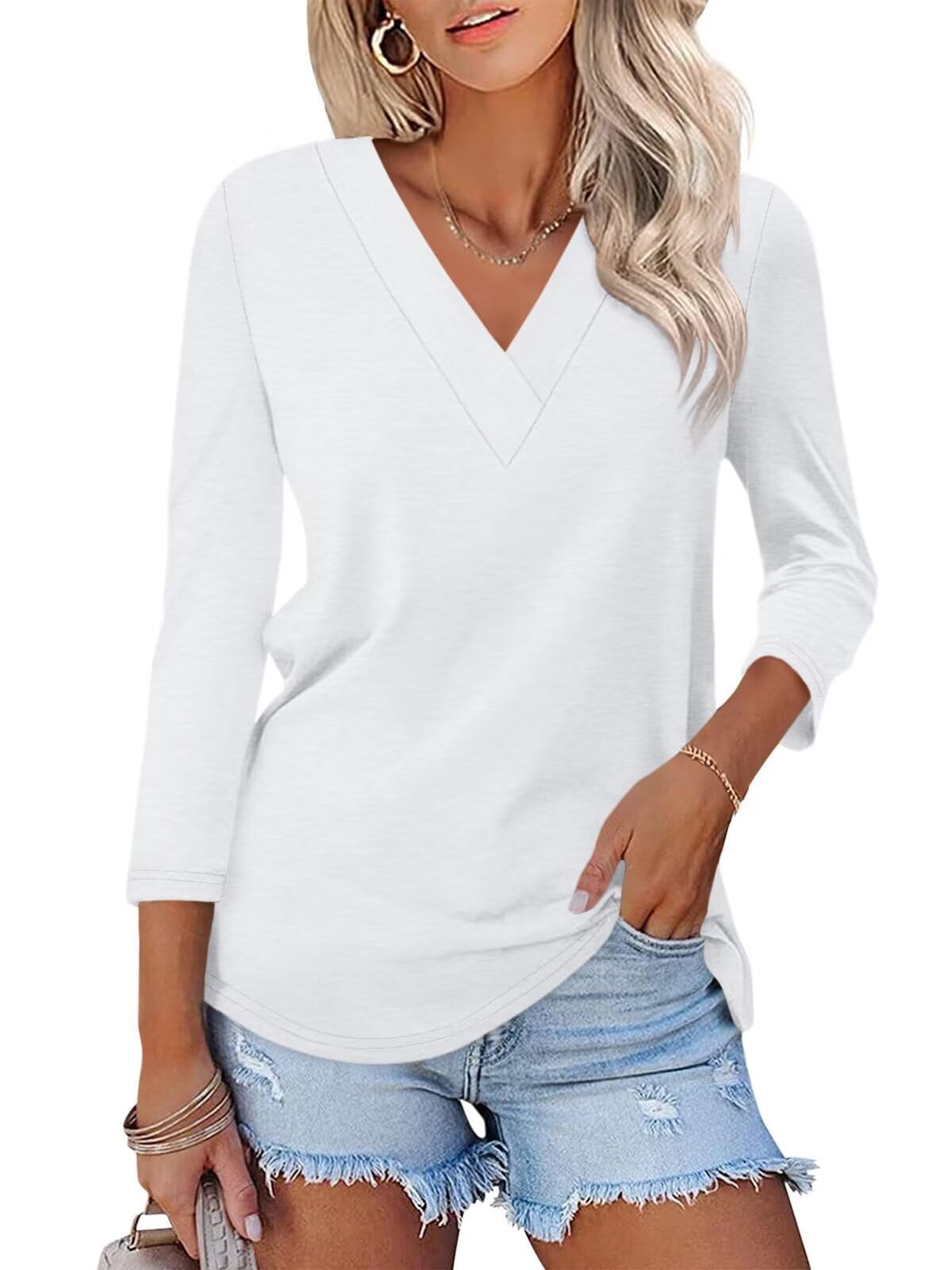 Women's 3/4 Length Sleeves V Neck Basic Tops