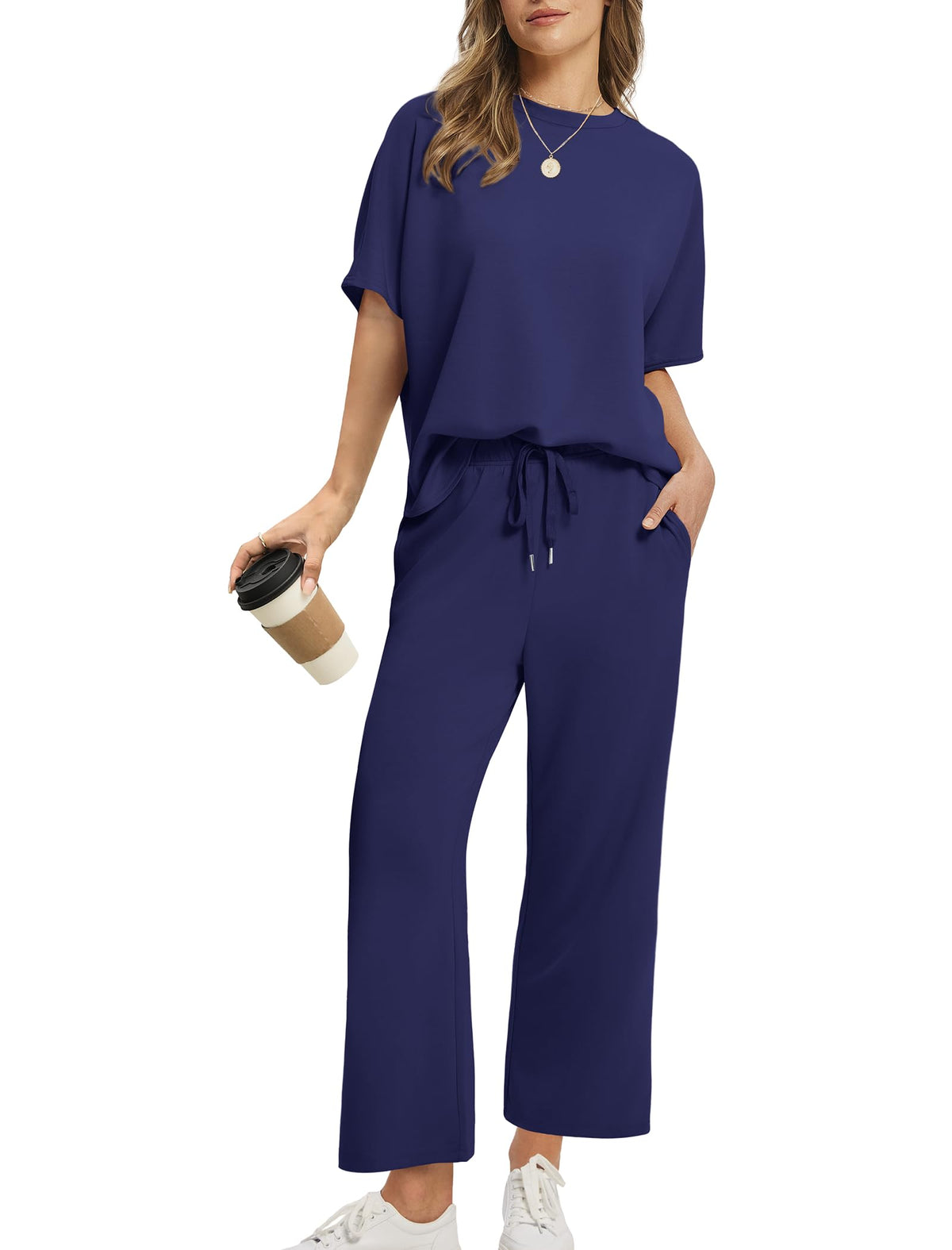 Women Oversized T-shirt and Wide Leg Crop Pants 2 Piece Sets