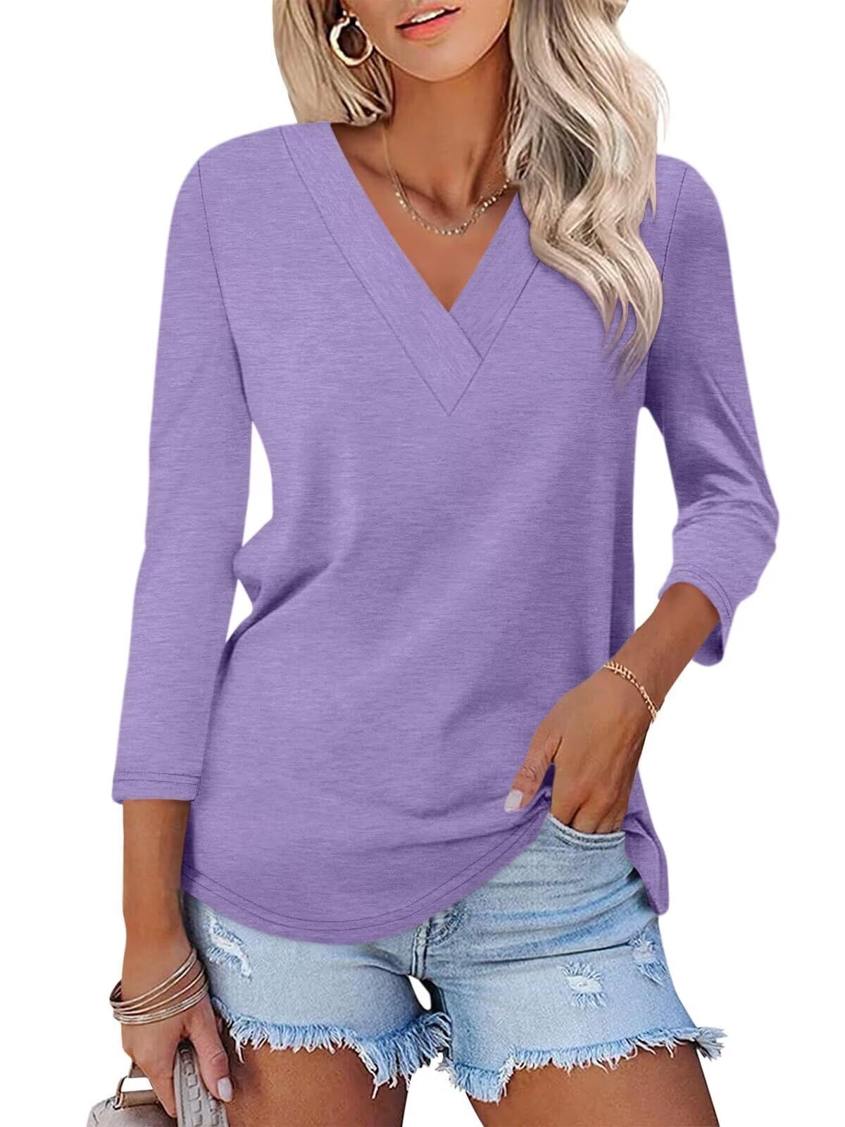Hot Sale - Women's 3/4 Length Sleeves V Neck Basic Tops