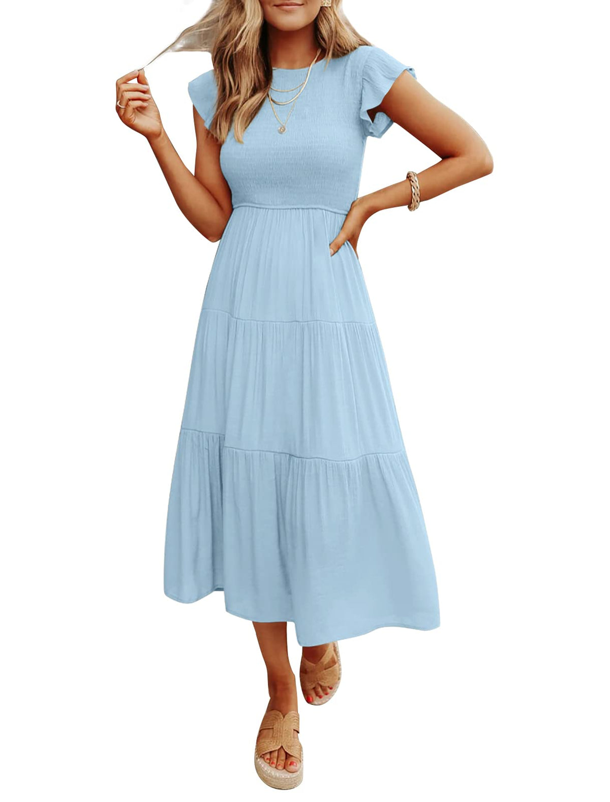 Women's Summer Casual Flutter Short Sleeve SmockedMidi Dress