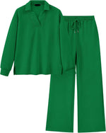 Women's Lapel V Neck Textured Lounge Sets