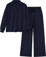 Women's Lapel V Neck Textured Lounge Sets