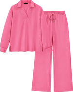 Women's Lapel V Neck Textured Lounge Sets