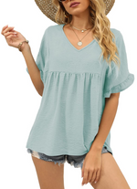 Women's Casual V Neck Ruffle Sleeve Blouse