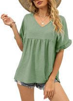 Women's Casual V Neck Ruffle Sleeve Blouse