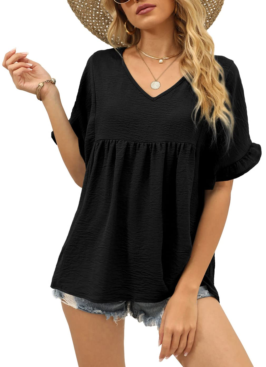 Women's Casual V Neck Ruffle Sleeve Blouse