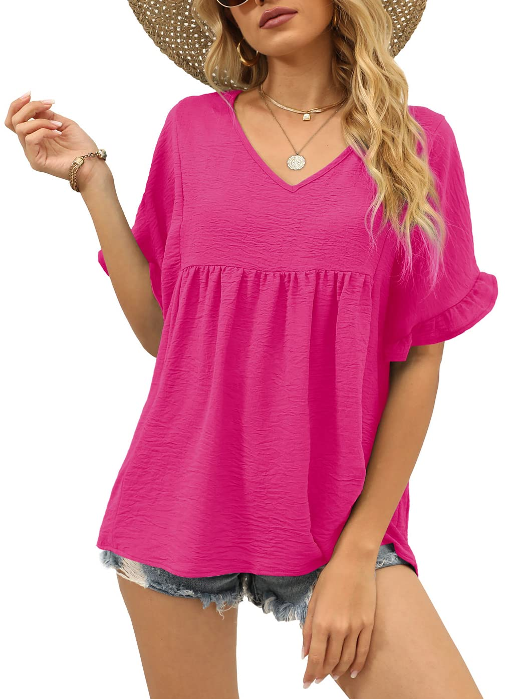 Women's Casual V Neck Ruffle Sleeve Blouse