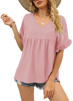 Women's Casual V Neck Ruffle Sleeve Blouse