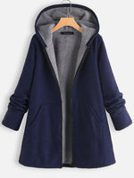 Solid Color Hooded Zipper Long Sleeves Fleece Warm Coat